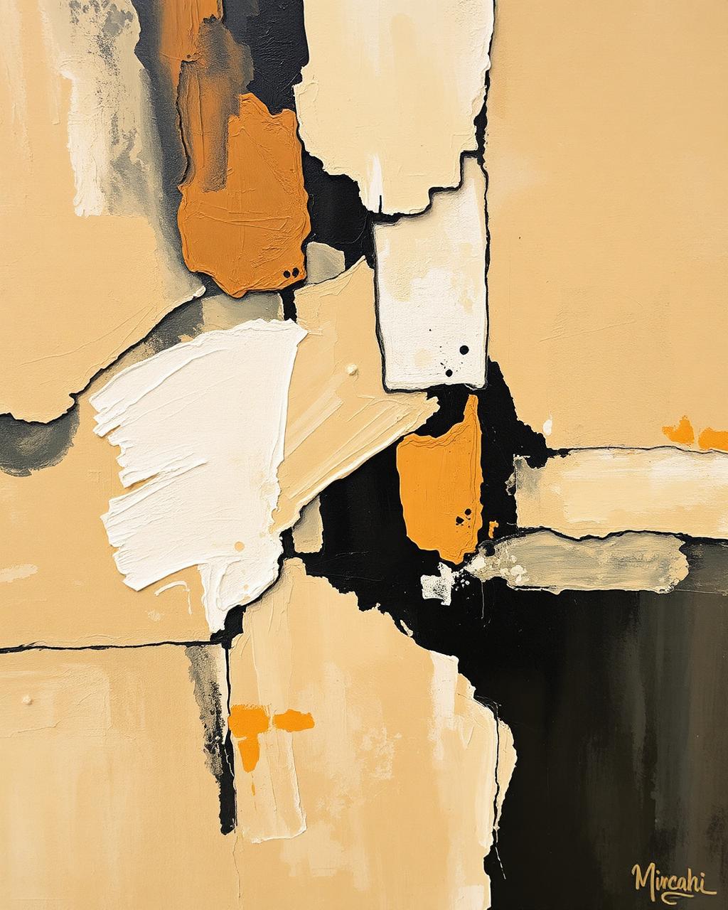 Detalhe de pintura abstrata de Benjamin Rothstein em tons de osso, ocre e tinta